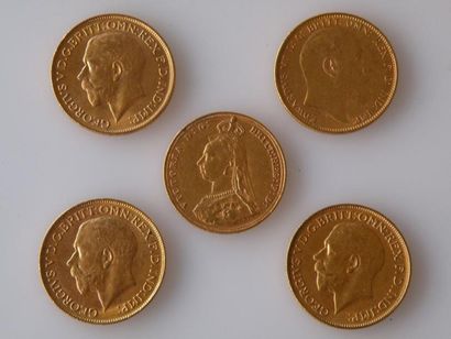 null CINQ SOUVERAINS en or : trois à l'effigie de Georges V 1904, 1911, 1914, une...