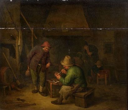 null Ecole HOLLANDAISE vers 1820, suiveur d'Adrian van Ostade. Fumeurs dans une taverne....
