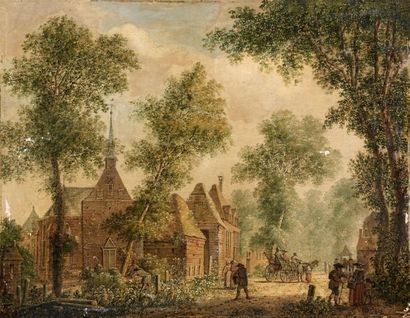 null Paulus VAN LIENDER (Utrecht, 1731 - Haarlem, 1797). L'entrée du bourg. Panneau...