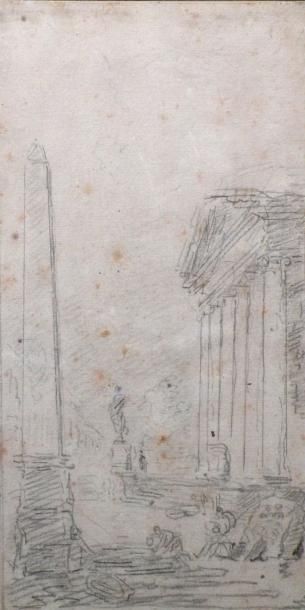 null Hubert ROBERT (1733-1808) Ruines animées. Pierre noire. 26,5 x 13,5 cm Annoté...
