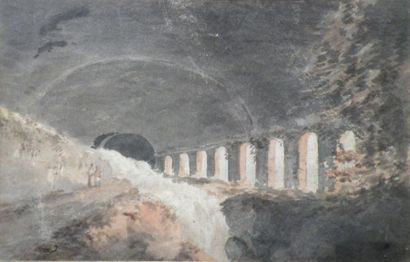 null Ecole Française du XVIIIe Paysage intérieur aux arcades. Aquarelle sur esquisse...