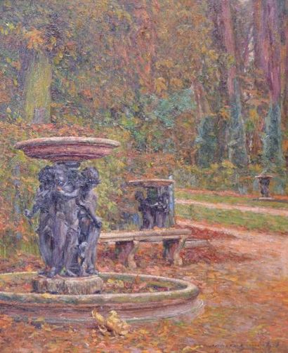 null Marius MICHEL (1853-?) La fontaine aux marmousets, Versailles, 1916. Huile sur...