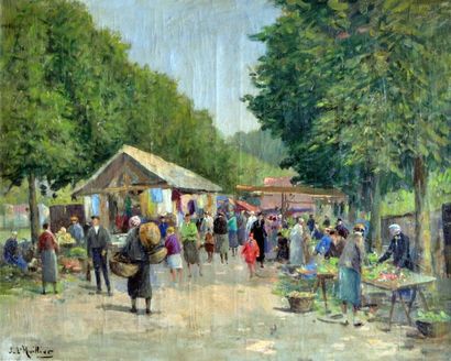 null Jacques L'HUILLIER (1867-?) Le marché aux légumes. Huile sur toile signée en...