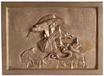 null Antoine Louis BARYE (1796-1875) Aigle attaquant un serpent. Bas-relief à patine...