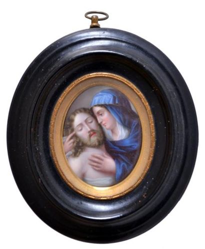 null MINIATURE ovale sur porcelaine, Déploration du Christ. XIXe. 6,5 x 5 cm