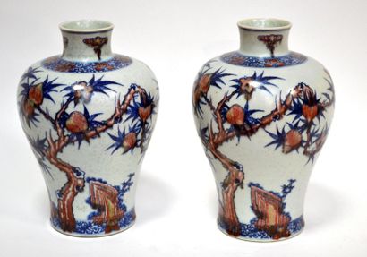 null CHINE début XXe Deux vases meiping pouvant former paire en porcelaine décorée...