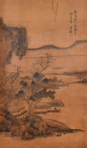 null Ecole chinoise XIXe. Ferme sur pilotis dans un paysage. Peinture à l'encre sur...