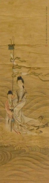null CHINE - XIXe Peinture à l'encre et couleurs sur soie, représentant une déesse...