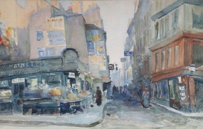null Elie Anatole PAVIL (1873-1948) Rue animée à Paris. Aquarelle signée en bas à...