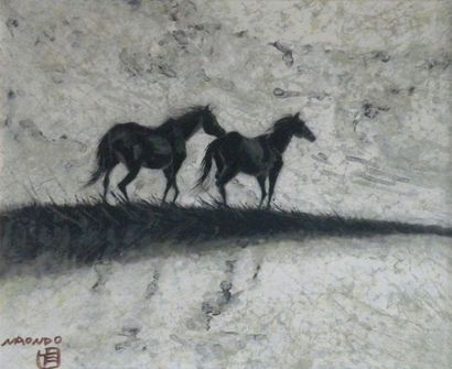 null Naondo NAKAMURA (1905-1981) Chevauchée sauvage. Lithographie sur toile, signée...