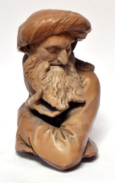 null BUSTE en grès émaillé beige. Portrait d’homme barbu au tuban H. 44 cm