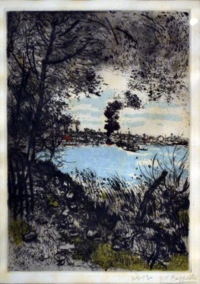null Jean-François RAFFAELLI (1850-1924) Bord de rivière. Pointe sèche en couleurs...