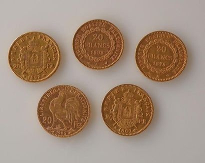 null *CINQ PIECES de 20 francs or, 1863, 1867,1875,1898,1905
