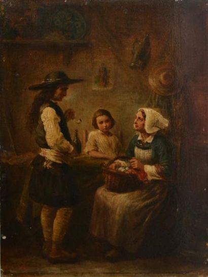 null Alexandre Marie COLIN (1798-1875). Famille bretonne dans un intérieur. Panneau...
