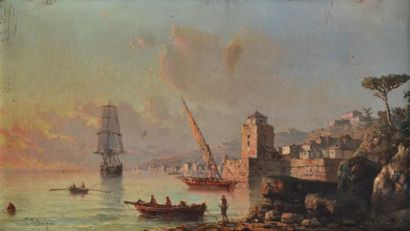 null Tony-François DE BERGUE (1820-1890) Pêcheur en bord de Méditerranée. Huile sur...
