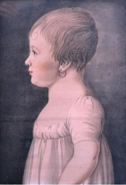 null Ecole française vers 1820. Profil de fillette. Dessin au trois crayons. 24 x...