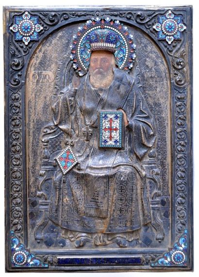 null Orest KURLYUKOV, Moscou fin XIXe début XXe. ICONE en bois à décor d'un Saint...