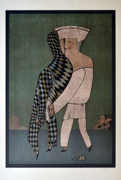 null Mikhail CHEMIAKIN (1943) Personnages damier, 1976. Lithographie en couleurs,...