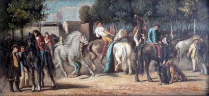 null Ecole française XIXe. Scène de cavaliers, le marché aux chevaux. Huile sur panneau....