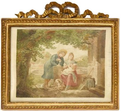 null GRAVURE sur soie, d’après PRUDH’ON, la famille heureuse. Cadre Louis XVI. Petits...