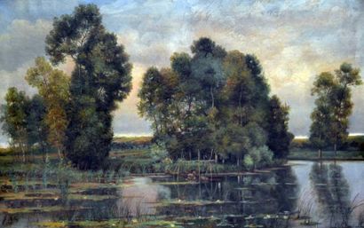 null J. MILLOT, XIXe-XXe. Pêcheur sur un étang. Huile sur toile signée et datée 1896...