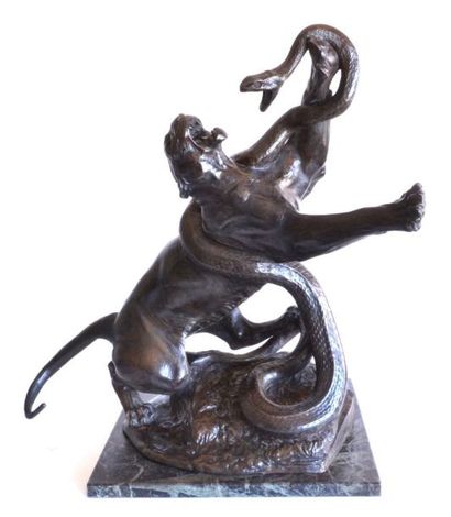 null Sigismond WERNEKINCK (1872-1921) Panthère combattant un boa. Bronze à patine...