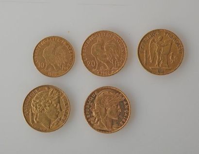 null QUATRE PIECES de 20 francs or 1848, 1851, 1901, 1907 et une PIECE de 10 Francs...