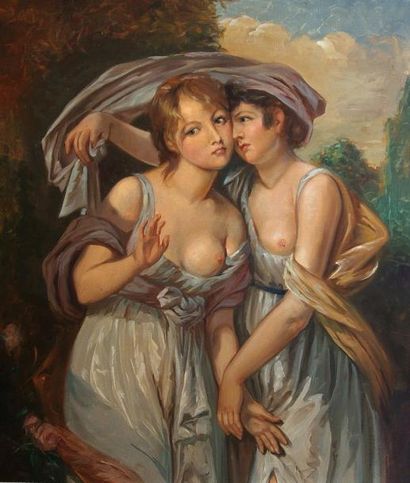 null Ecole française fin XIXe. Les deux amies. Huile sur toile. 70 x 58 cm