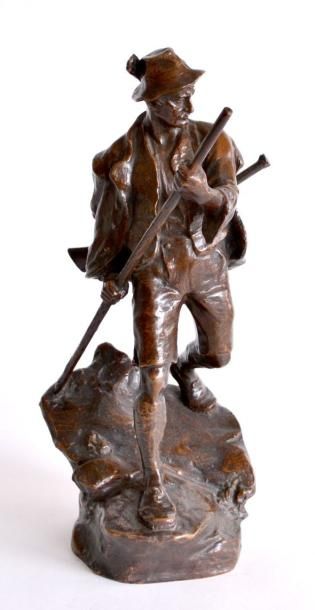 null Hans MÜLLER (1873-1937) Chasseur en montagne. Bronze à patine brune vers 1890-1900,...