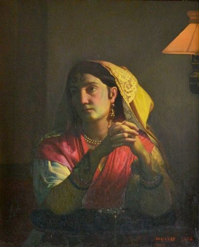 null Jacques Jules JOUSSAY (1821-1889). Portrait de femme pensive. Toile. (Accident,...