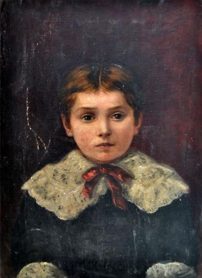 null Ecole française XIXe. Enfant au col de dentelle. (Eclats). 55 x 38 cm