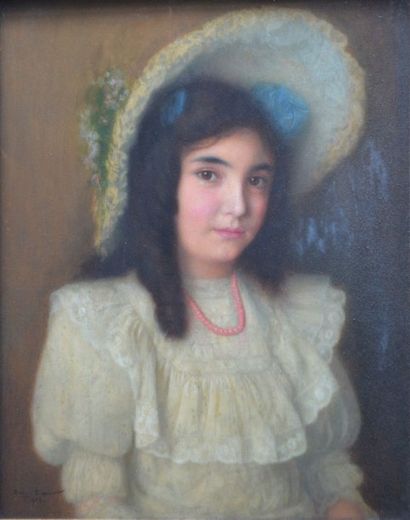 null James Camille LIGNIER (act.1880-1914) Fillette au chapeau. Huile sur toile signée...