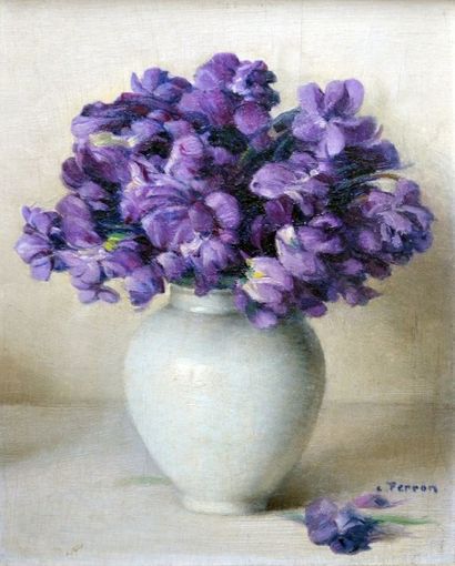 null Charles Clément PERRON (1893-1958) Vase de fleurs mauves. Huile sur carton signé...