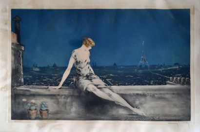 null Louis ICART (1888-1950) Elégante devant la Tour Eiffel. Eau-forte et aquatinte...