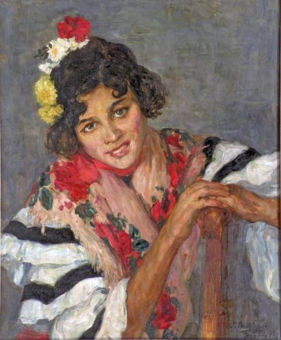 null Pierre GOURDAULT (1880-1915) La jeune espagnole. Huile sur toile signée, située...