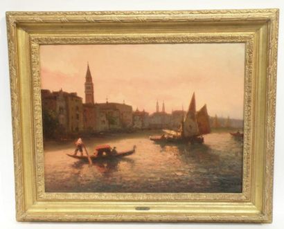 null Gaspar MIRO LLEO (1859-1930) Gondole à Venise au crépuscule. Huile sur toile...