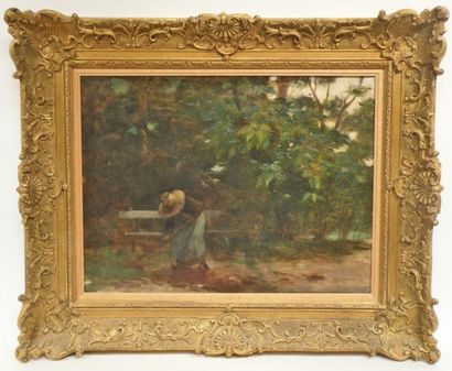 null E. BORDER XIXe-XXe Femme ramassant des feuilles. Huile sur toile signée du cachet...