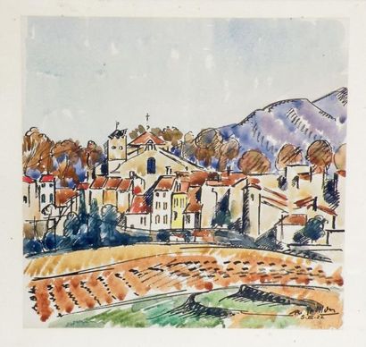 null Roger GRILLON (1881-1938) Village de Provence. Aquarelle et encre signée en...