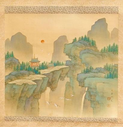 null KAKEMONO. Paysage montagne, falaises et temple. peinture sur soie et papier,...