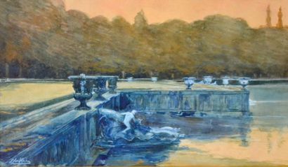 null Alméry LOBEL-RICHE (1880-1950) Bassin à Versailles. Aquarelle signée en bas...