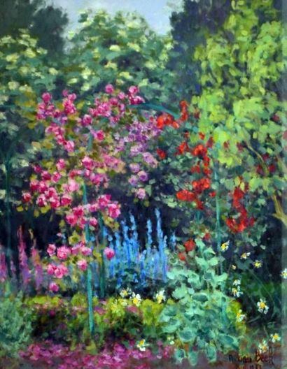 André VAN BEEK (1947) Un coin de jardin rose...