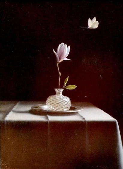 null Pierre-Yves RUSSO (1967) Nature morte au vase de verre filigrané et papillon...