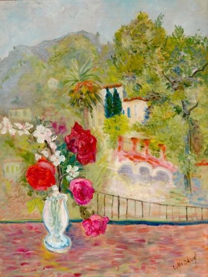 null L. NADAUD, XXe. Vase de fleurs dans un paysage de Provence. Huile sur panneau...