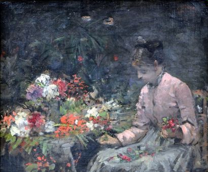 null Ecole française vers 1880. Femme fleuriste assise. Huile sur toile. 38 x 46...