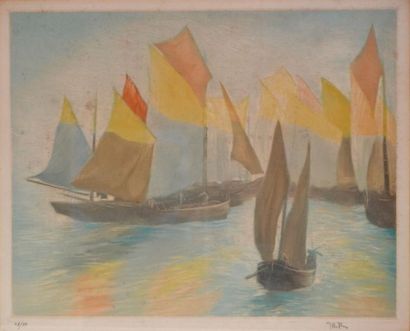 null Alfredo MÜLLER (1869-1940) la sortie des voiliers de pêche. Lithographie en...