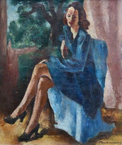 null Paul CHARLEMAGNE (1892-1972) Christiane en bleu Huile sur toile signée en bas...