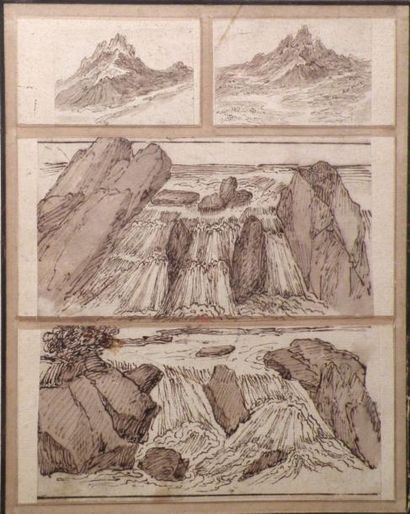 null Ecole Française du XVIIIe Montage de quatre paysages de cascade. Plume et encre...