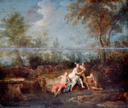 null Attribué à Louis GALLOCHE (1670 - 1761) Femmes et berger au bain. Panneau de...