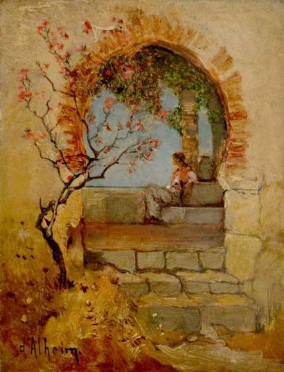 null Jean D'ALHEIM (1832-1894) Femme orientale sur une terrasse ombragée. Huile sur...