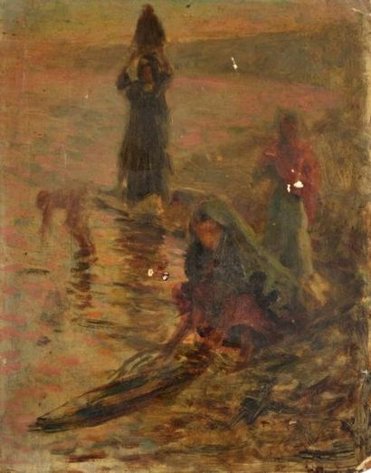 null Georges C. MICHELET (1873-?) Femmes arabes et enfant au bord de l'eau. Huile...